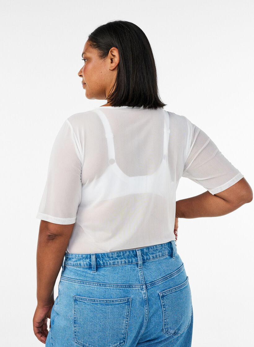 Top en maille avec manches courtes et col rond, Vanille, Model image number 2