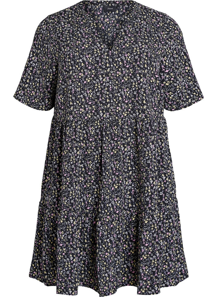 Robe &agrave; manches courtes coupe trap&egrave;ze avec d&eacute;coupes, Noir, Packshot image number 0