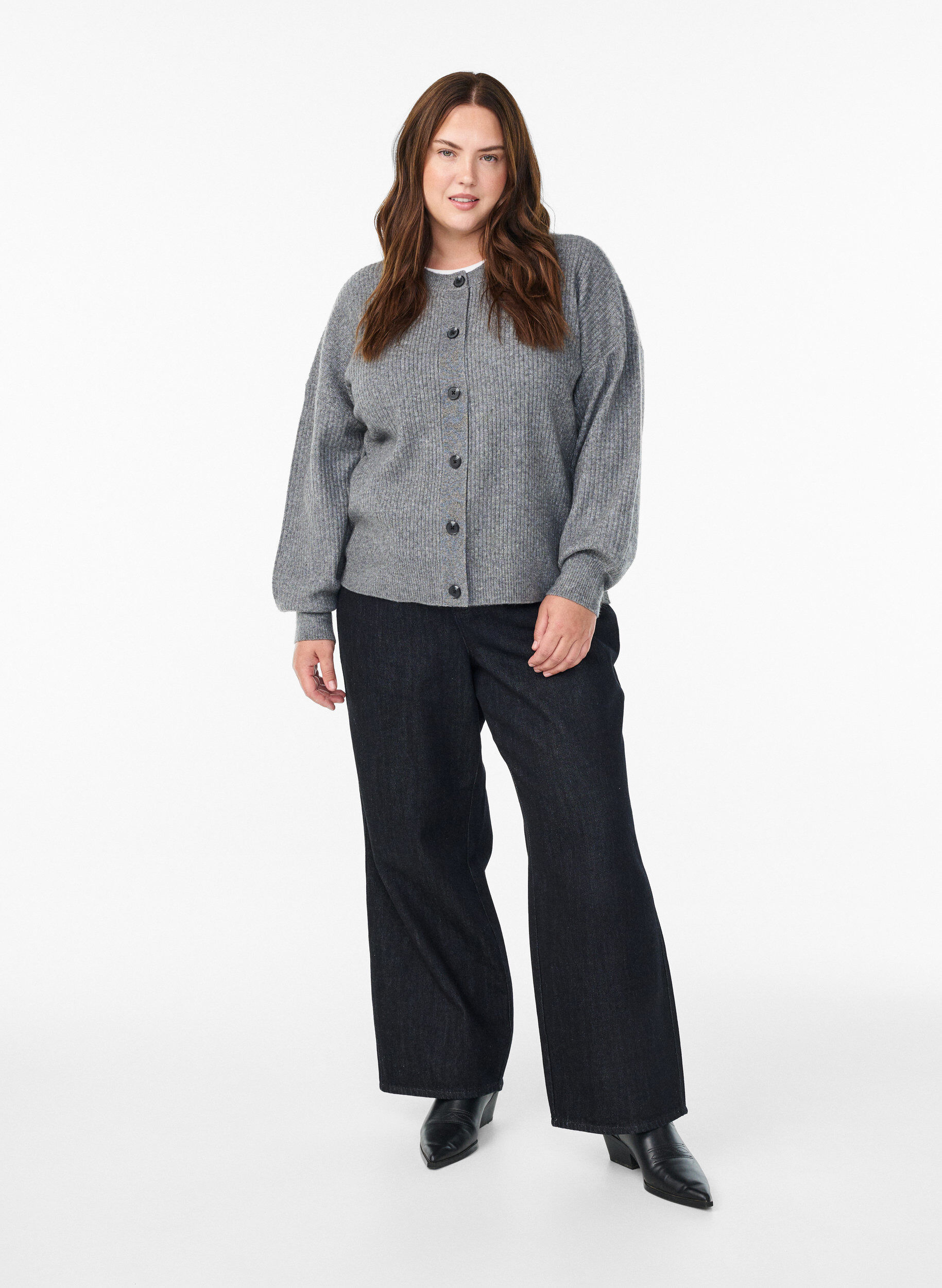 Zizzi Cardigan en tricot c&ocirc;tel&eacute; avec boutons, Gris, Model image number 1