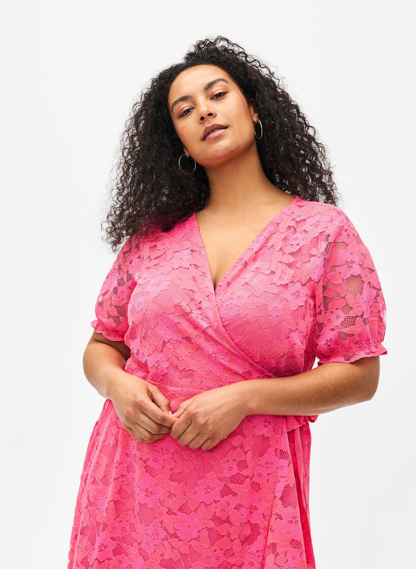 Robe cache-cœur avec dentelle et manches courtes, Pink Carnation, Model image number 2