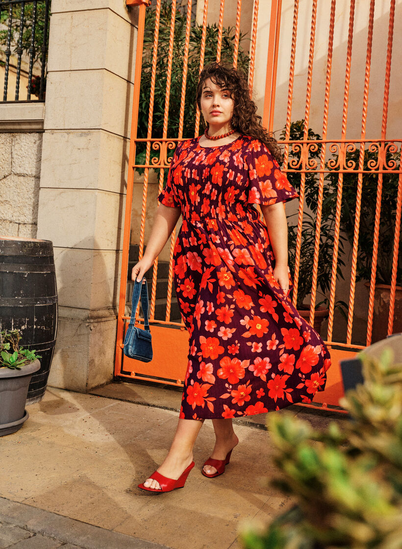 Robe avec smocks et imprim&eacute; floral, Violet, Image image number 0