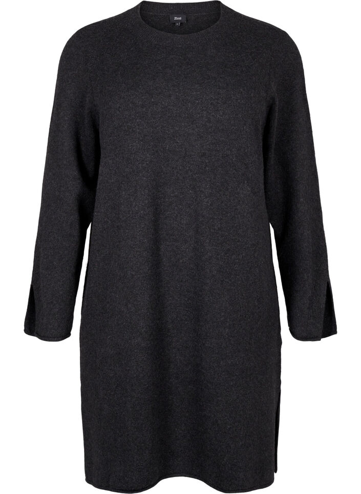 Robe en maille à col rond et fendue, Dark Grey Melange, Packshot image number 0