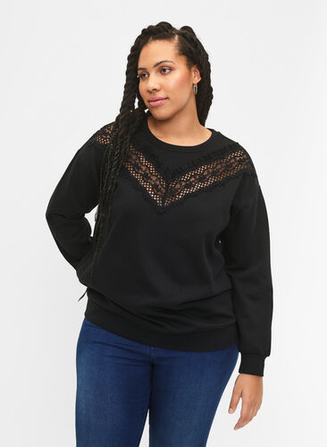Sweatshirt avec volants et détail de crochet, Black, Model image number 0