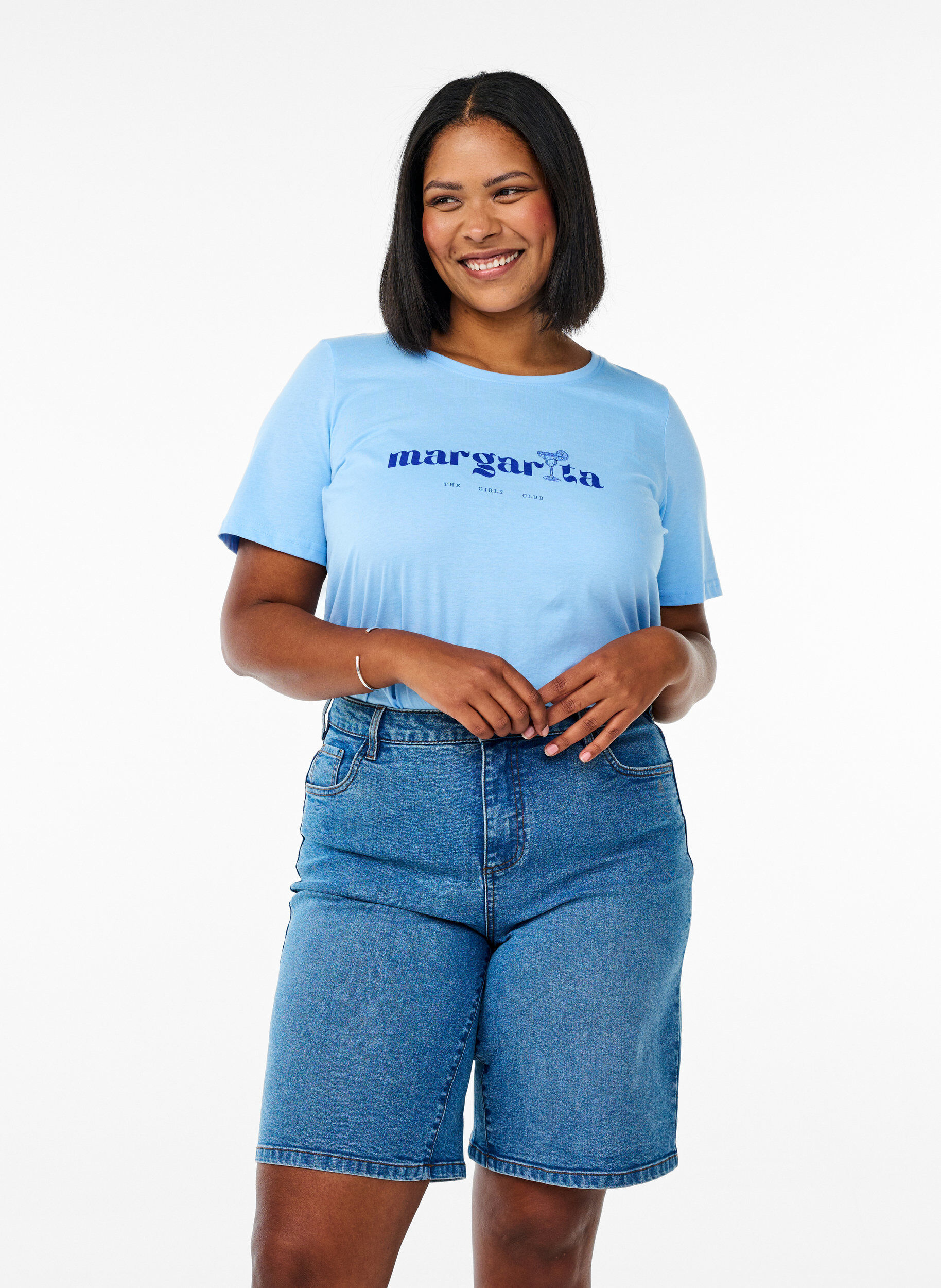 Short en jean ample &agrave; taille haute, Bleu Clair, Model