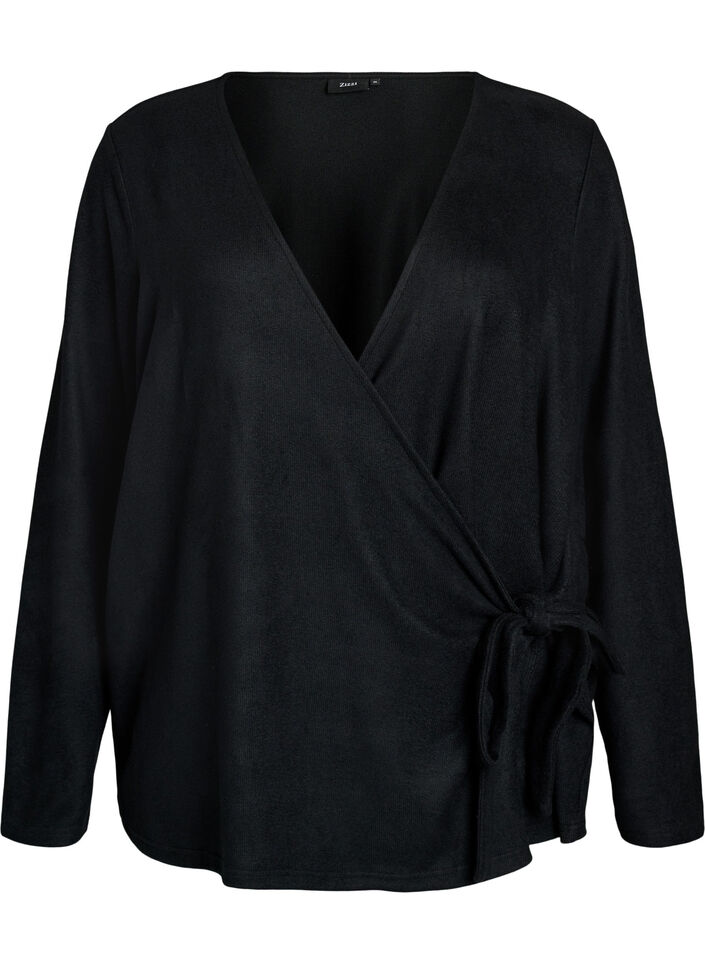 Blouse portefeuille en jersey avec lien &agrave; nouer, Noir, Packshot image number 0