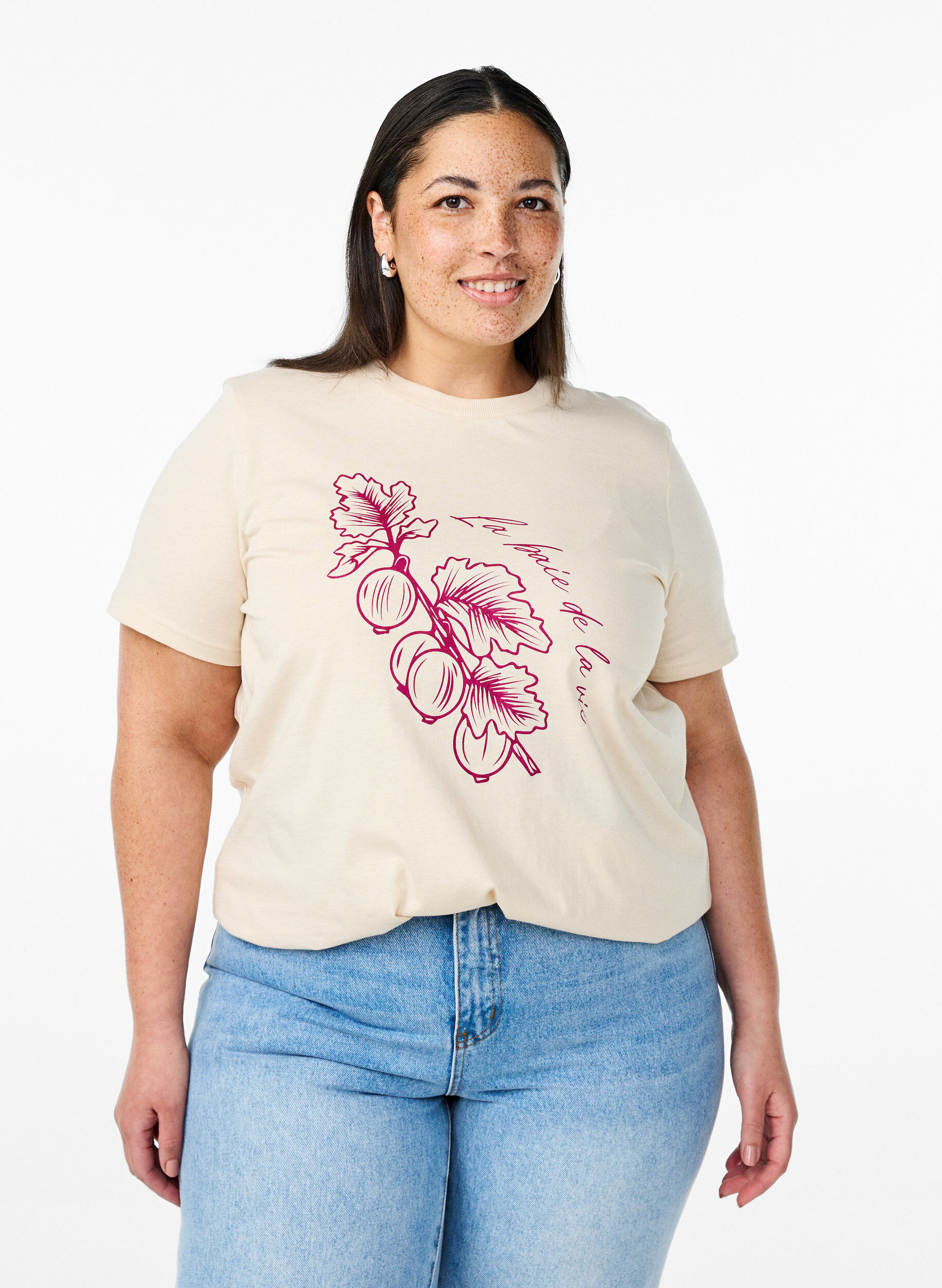 Zizzi T-shirt en coton avec imprim&eacute;, Beige, Model image number 0