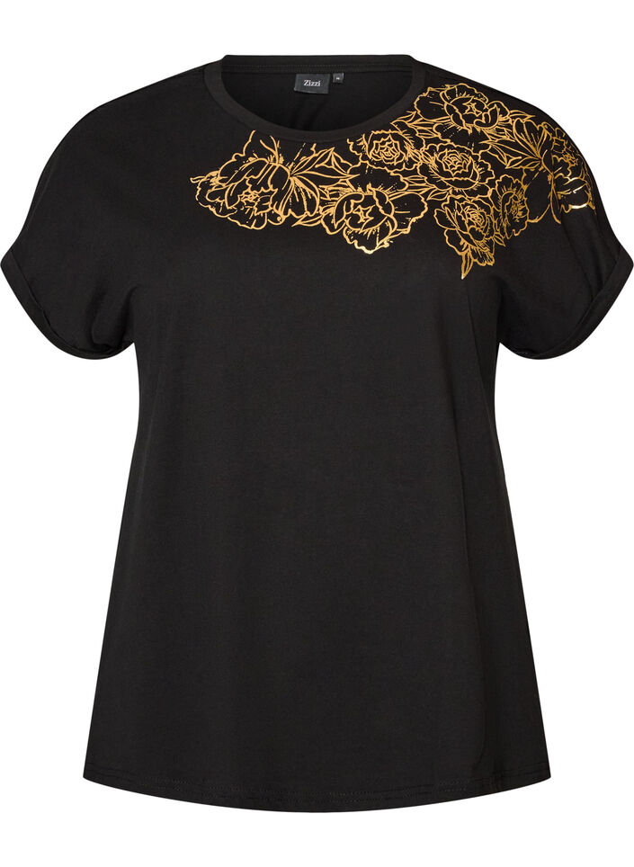 T-shirt en coton &agrave; imprim&eacute; floral, Noir, Packshot image number 0