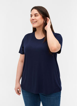 T-shirt à manches courtes en qualité côtelée, Navy Blazer, Model image number 0