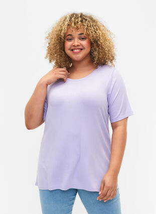T-shirt en viscose avec structure côtelée, Lavender, Model image number 0