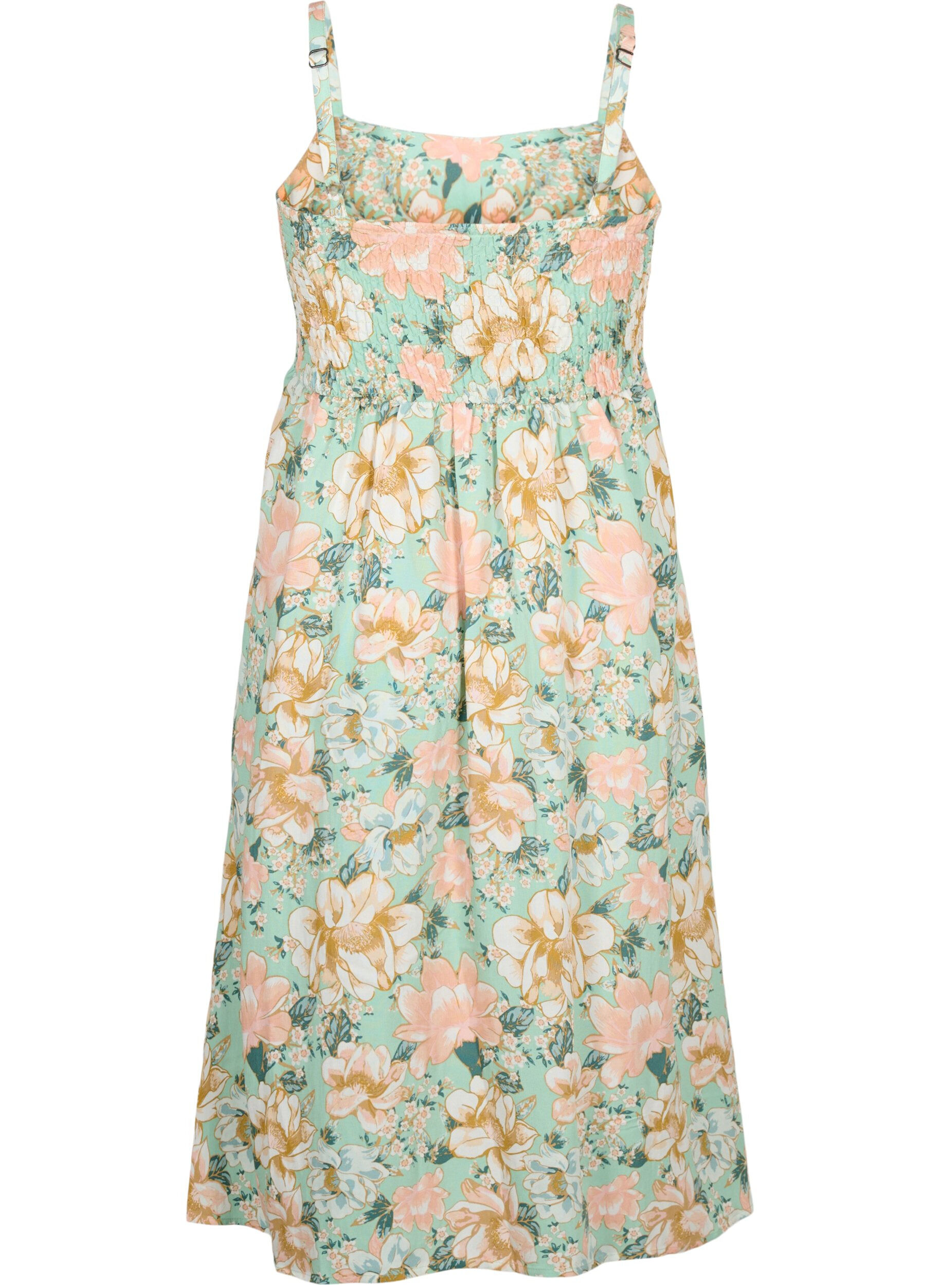 Zizzi Robe &agrave; bretelles en viscose florale avec smocking, Green Flower, Packshot image number 1