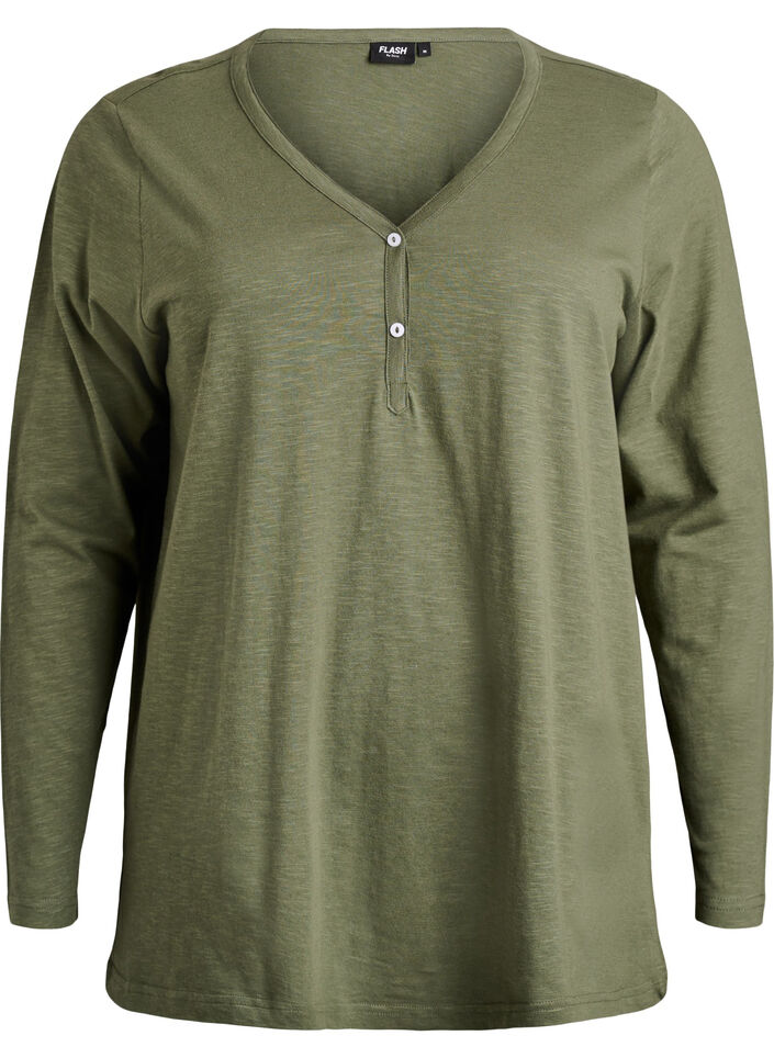 T-shirt &agrave; manches longues avec col V et boutons, Vert, Packshot image number 0