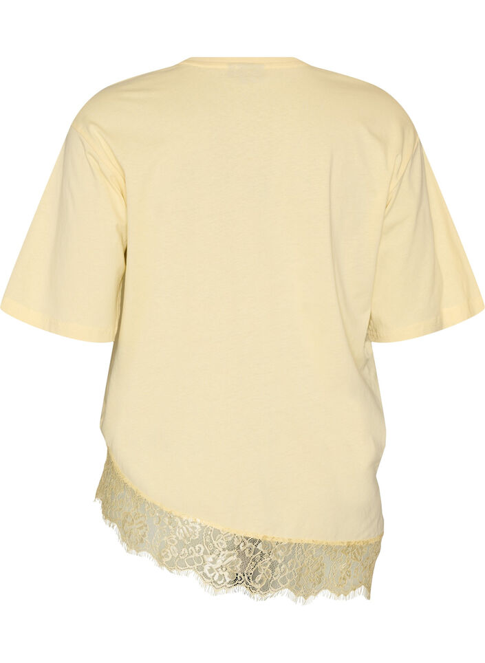 T-shirt avec ourlet asym&eacute;trique en dentelle, Jaune clair, Packshot image number 1