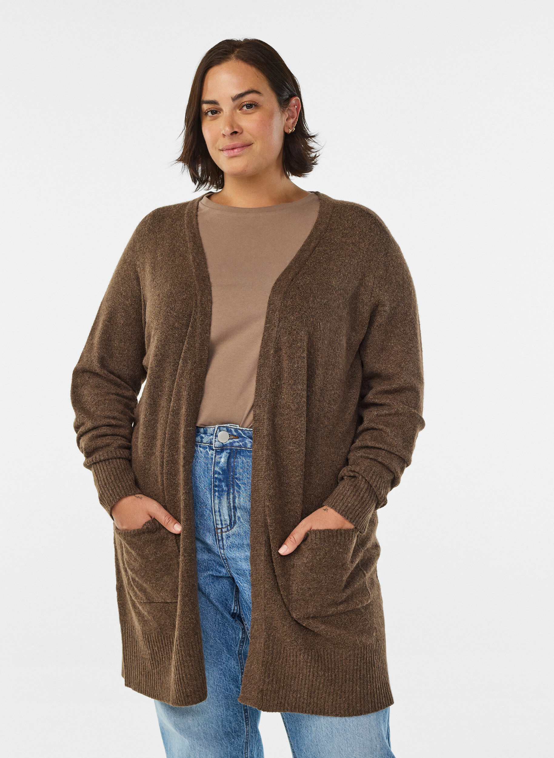 ZizziCardigan en tricot c&ocirc;tel&eacute; avec poches, Marron, Model image number 0