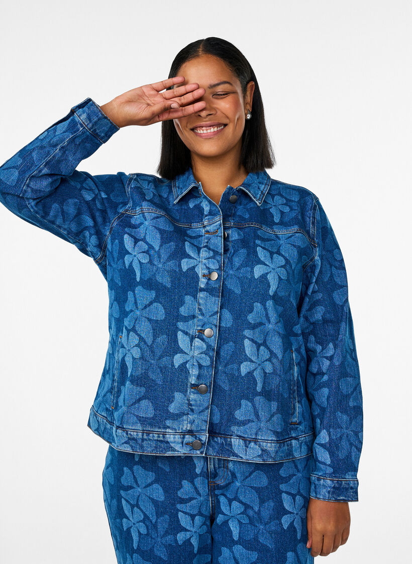 Veste en jean avec imprim&eacute; floral, Bleu, Model image number 3