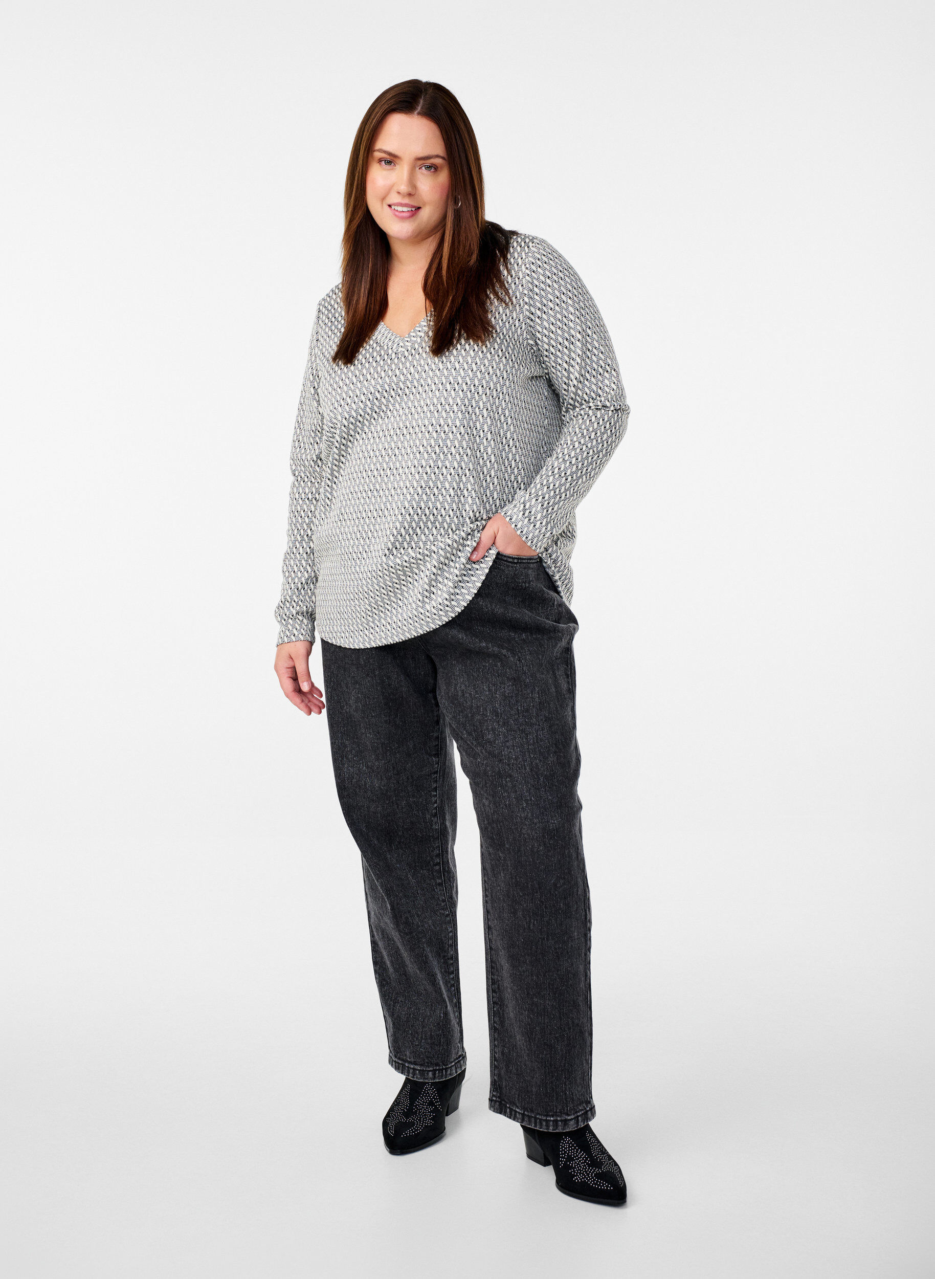 Zizzi Chemisier avec texture &agrave; motif et fil scintillant, Gris, Model image number 1