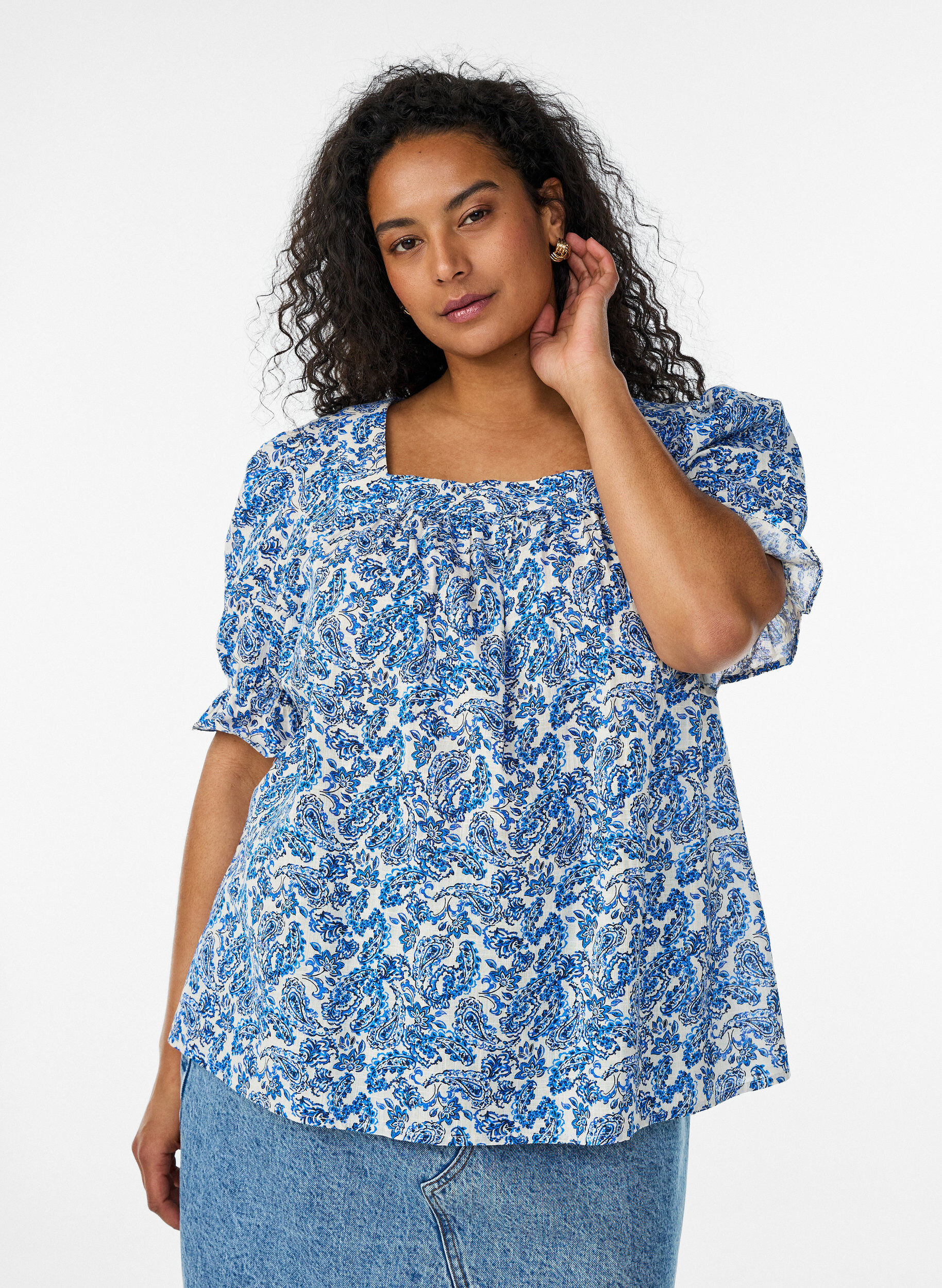 ZizziBlouse en coton avec encolure carr&eacute;e, Bleu, Model image number 0