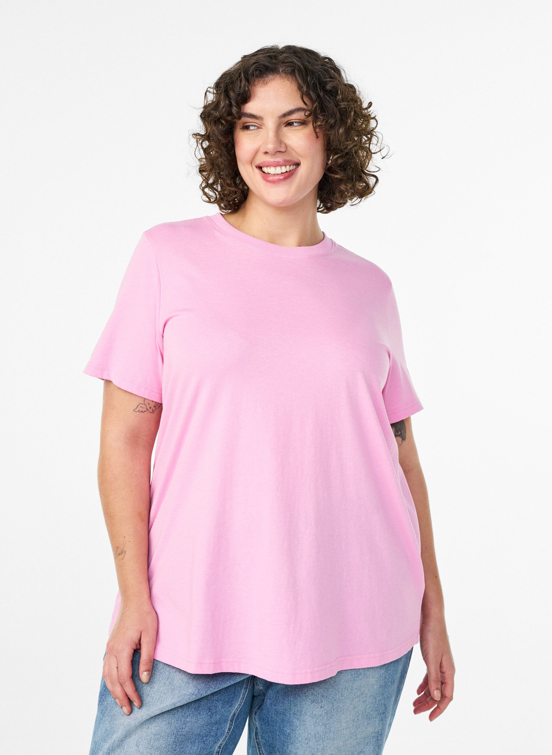T-shirt basique en coton &agrave; col rond, Rose, Model
