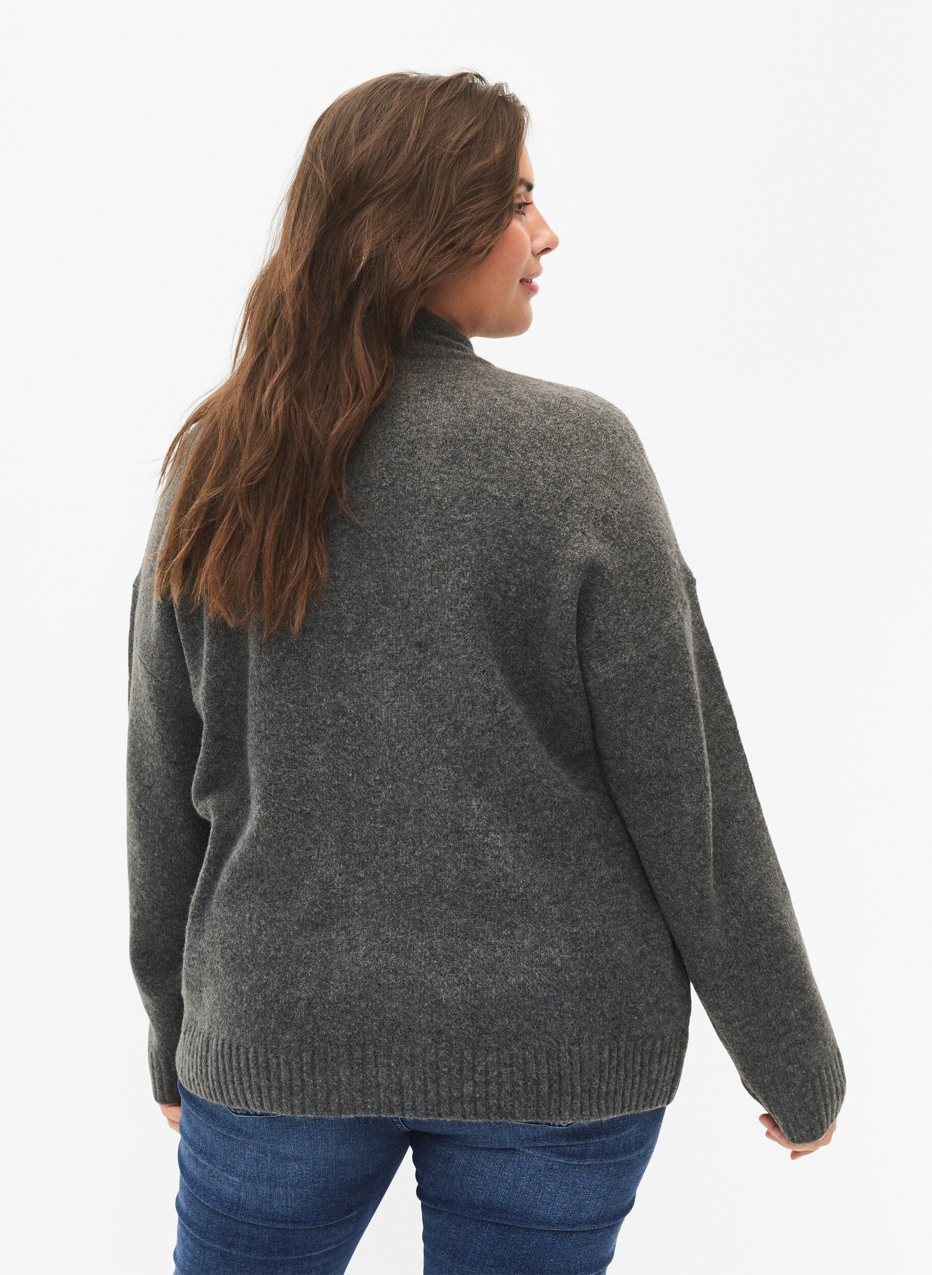 Zizzi Cardigan en tricot avec fermeture &eacute;clair et poches, Dark Grey Melange, Model image number 1