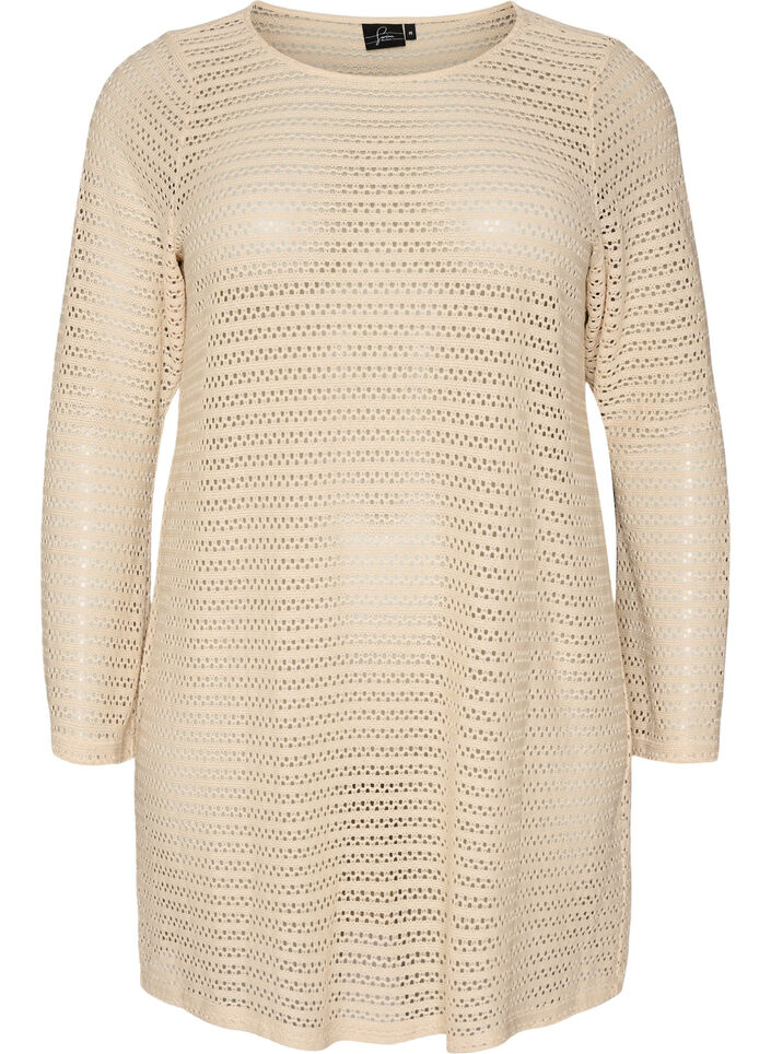 Robe de plage avec broderie ajour&eacute;e et manches longues, Beige, Packshot