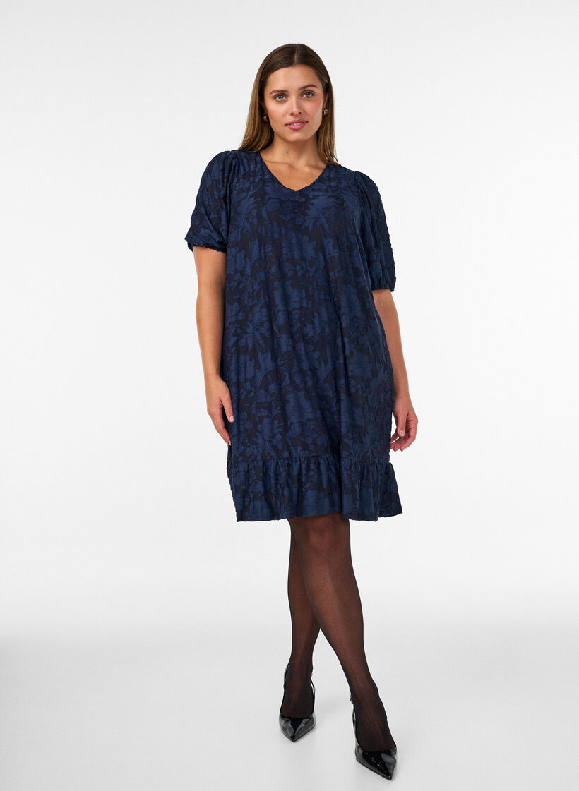 Robe &agrave; texture florale et bordure &agrave; volants, Bleu, Model image number 1