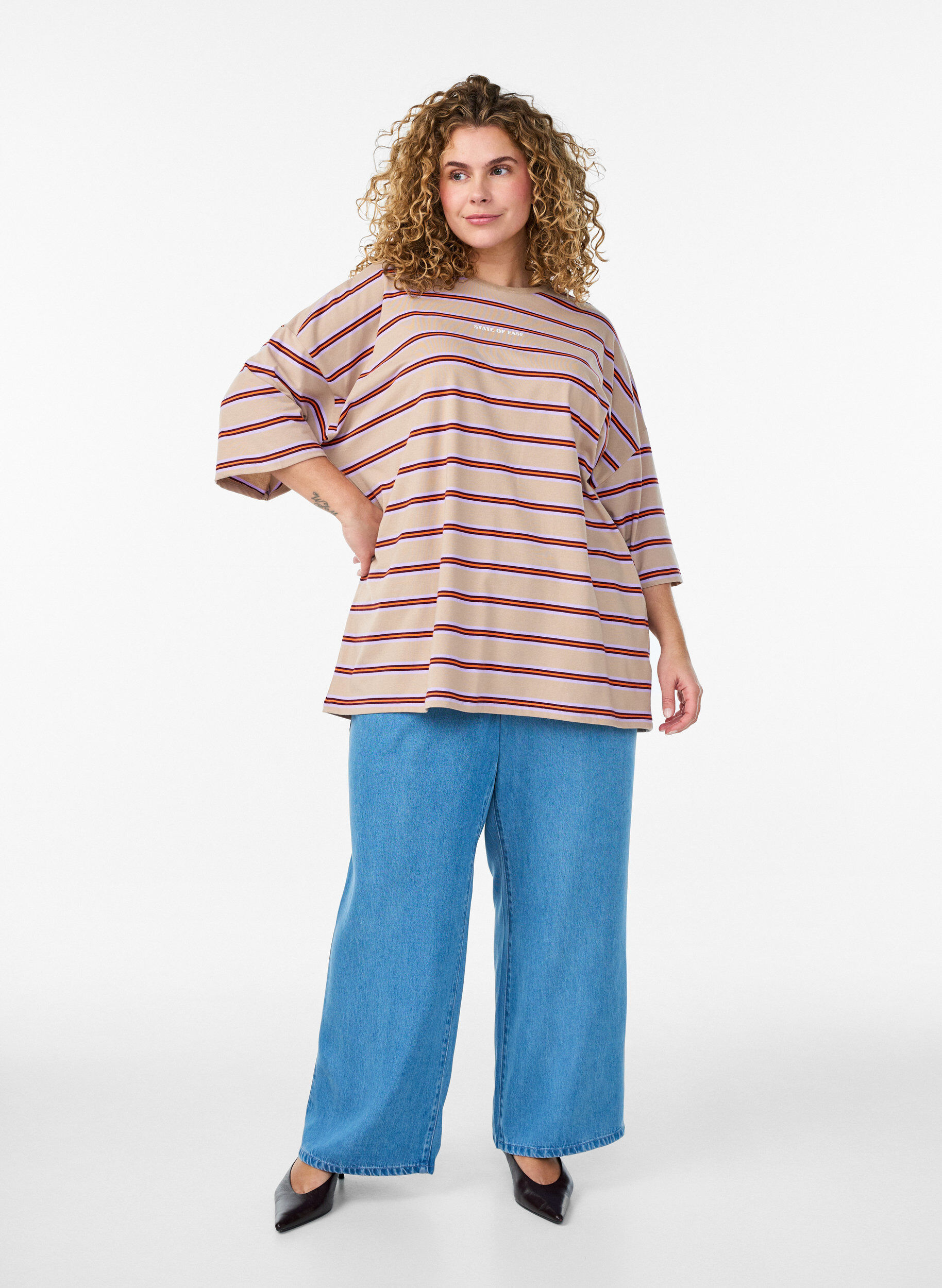 ZizziT-shirt oversize &agrave; rayures et manches 1/2, Beige, Model image number 1
