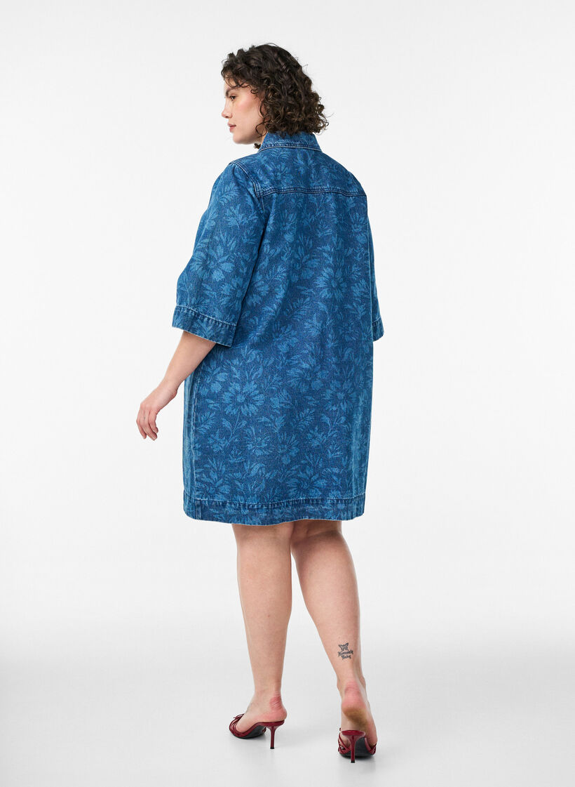 Robe en jean &agrave; imprim&eacute; floral avec poches poitrine, Bleu, Model image number 2
