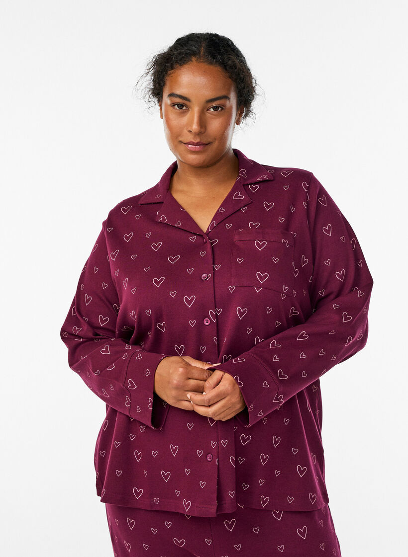 Chemise de pyjama en coton avec poche poitrine, Bordeaux foncé, Model