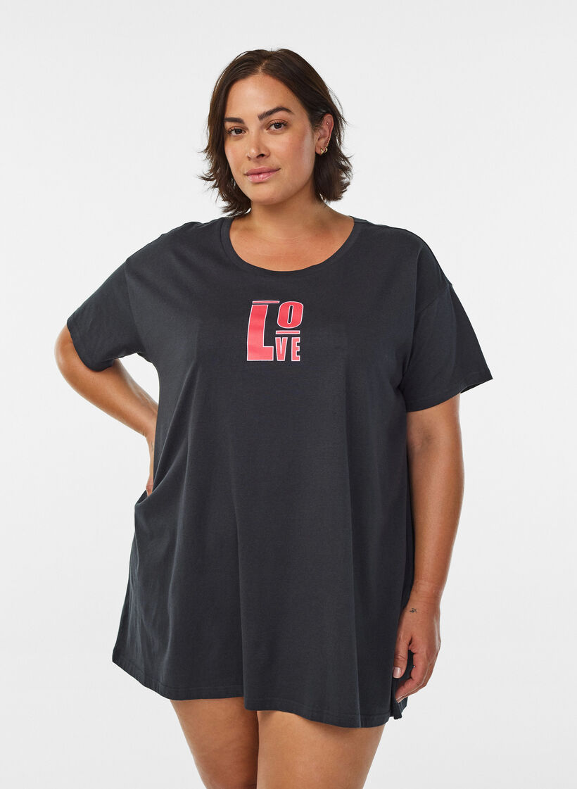 T-shirt de nuit long en coton bio avec imprim&eacute;, Gris anthracite, Model image number 0