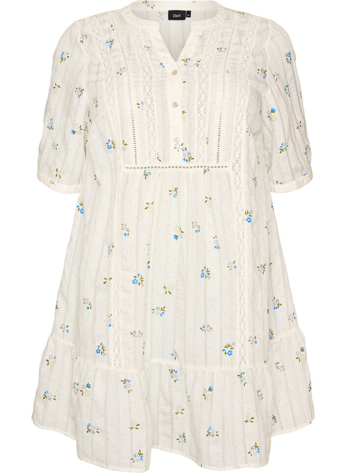 Robe courte en viscose avec bordure en dentelle et coupe trap&egrave;ze &eacute;vas&eacute;e, Vanille, Packshot image number 0