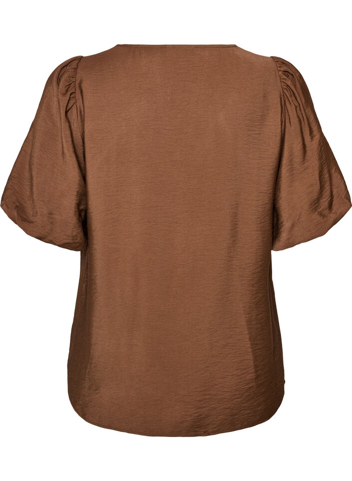 Blouse avec manches ballon et col en V, Marron, Packshot image number 1