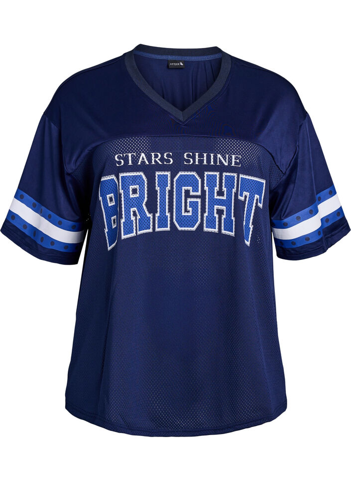 T-shirt de sport avec col V et imprim&eacute; sur le devant, Bleu, Packshot image number 0