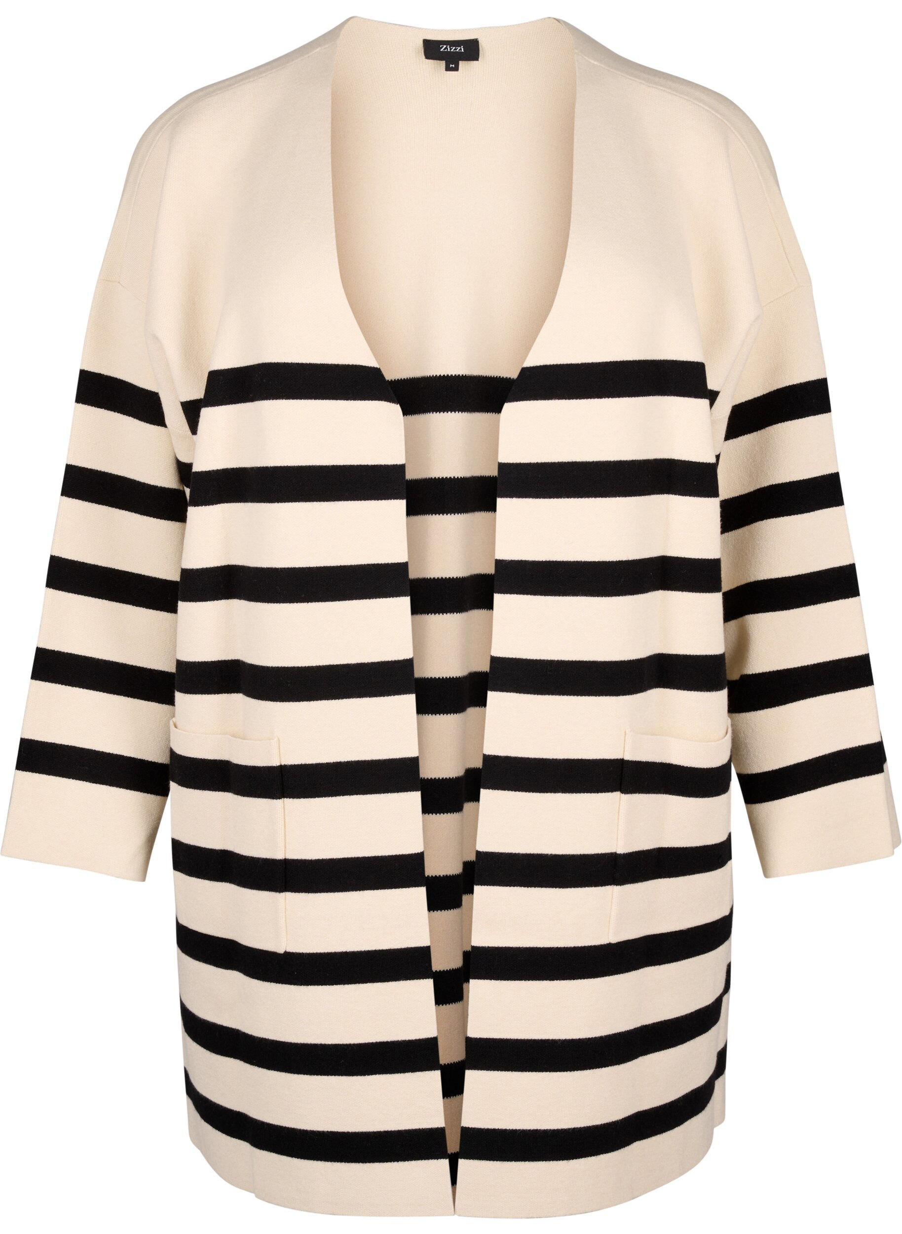 Zizzi Cardigan en maille et &agrave; longues rayures, Birch w/Black, Packshot image number 0