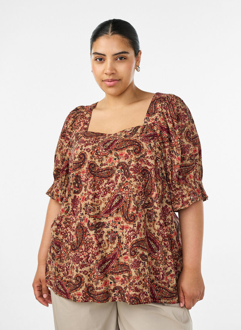 Chemisier en viscose avec imprim&eacute; paisley et encolure carr&eacute;e, Marron, Model image number 0
