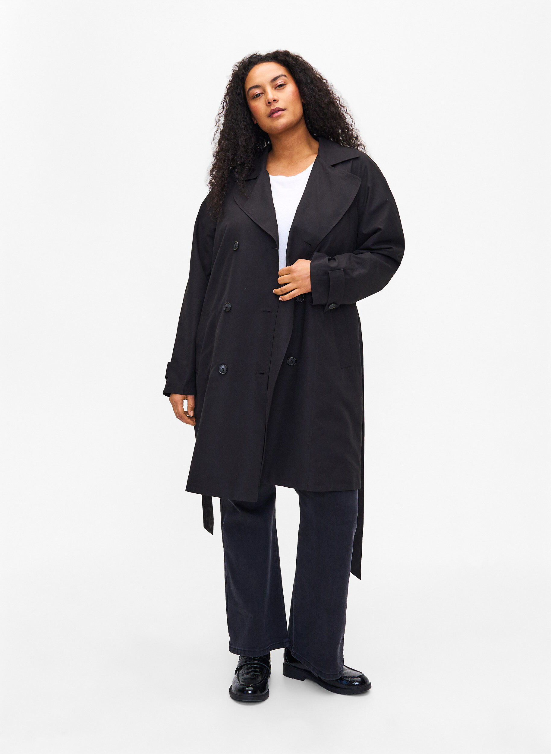 Zizzi Trench-coat avec ceinture et fente, Black, Model image number 3