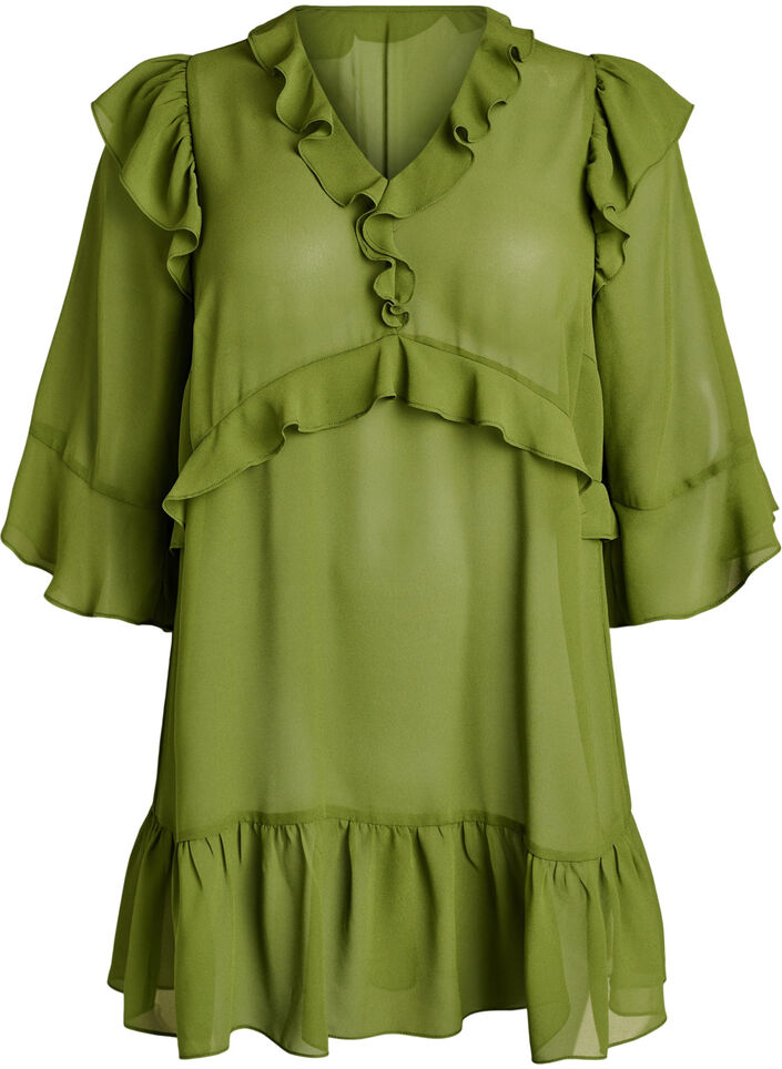 Robe l&eacute;g&egrave;re avec volants et col en V, Vert, Packshot image number 0