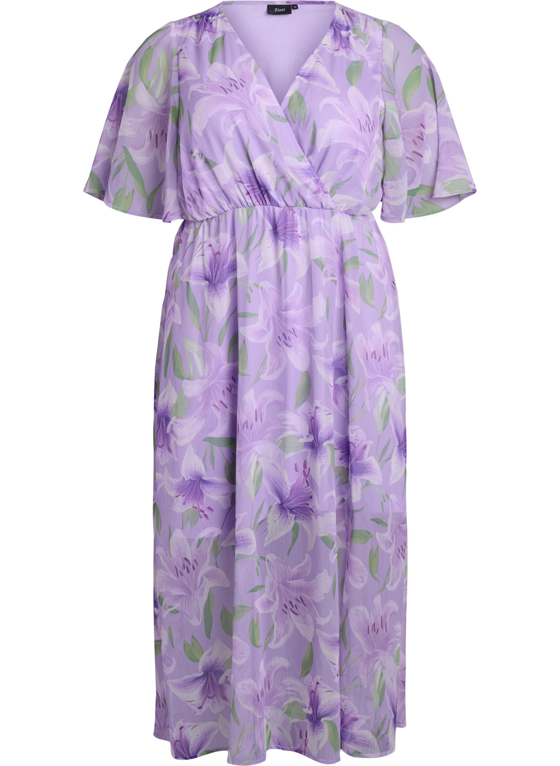Robe longue en chiffon imprim&eacute; floral et manches courtes