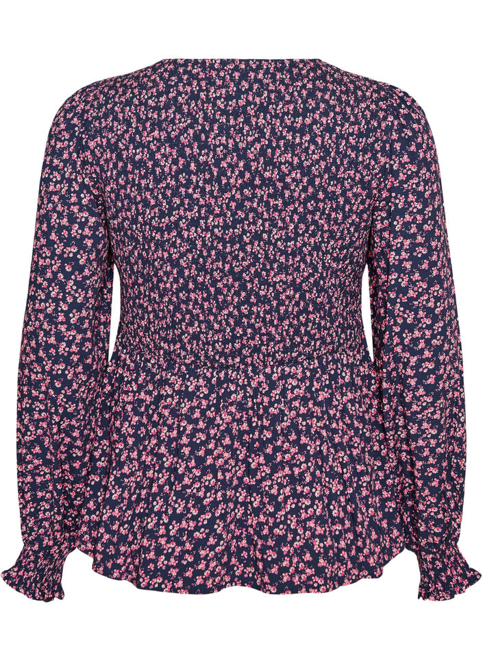 Blouse avec haut smock&eacute; et imprim&eacute; fleuri, Bleu, Packshot image number 1