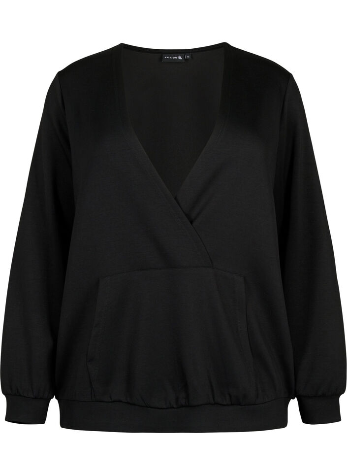 Sweatshirt avec col en V et poche, Black, Packshot image number 0