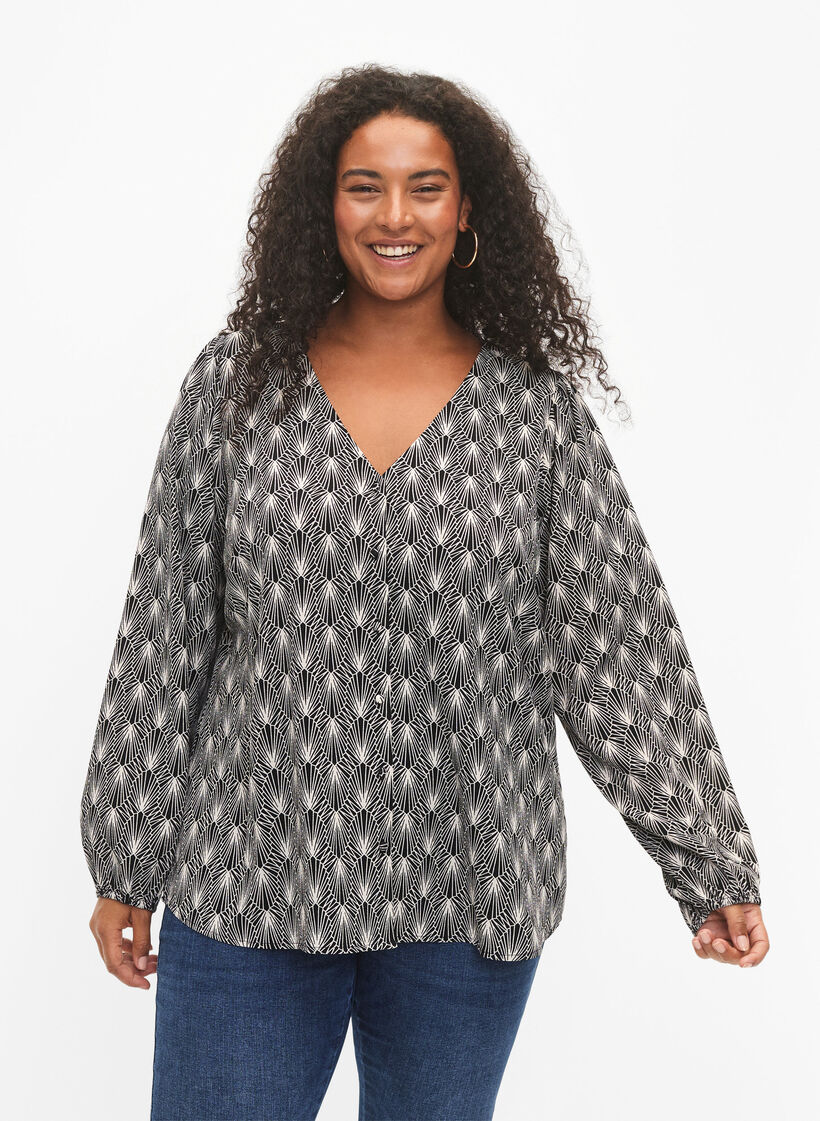 Blouse avec col en V et imprimé, Birch Graphic AOP, Model image number 0