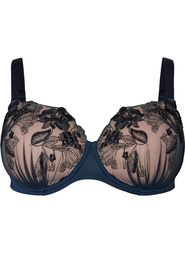 Soutien-gorge moul&eacute; avec broderies florales et d&eacute;tails drap&eacute;s, Bleu, Packshot image number 0
