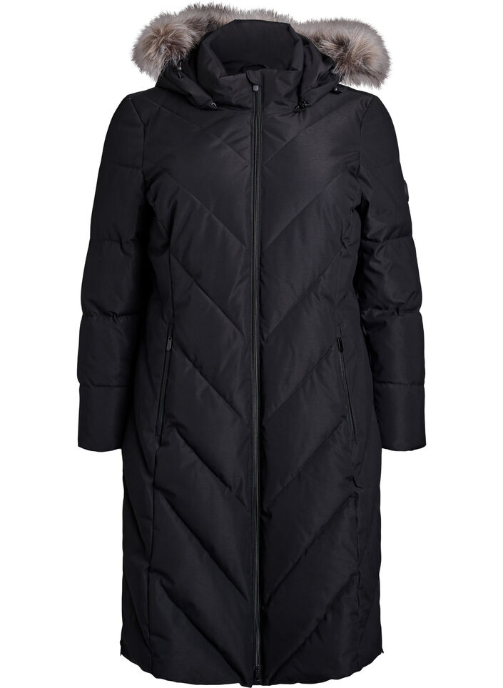 Long manteau d'hiver &agrave; fermeture &agrave; attaches et col en fausse fourrure, Noir, Packshot image number 0