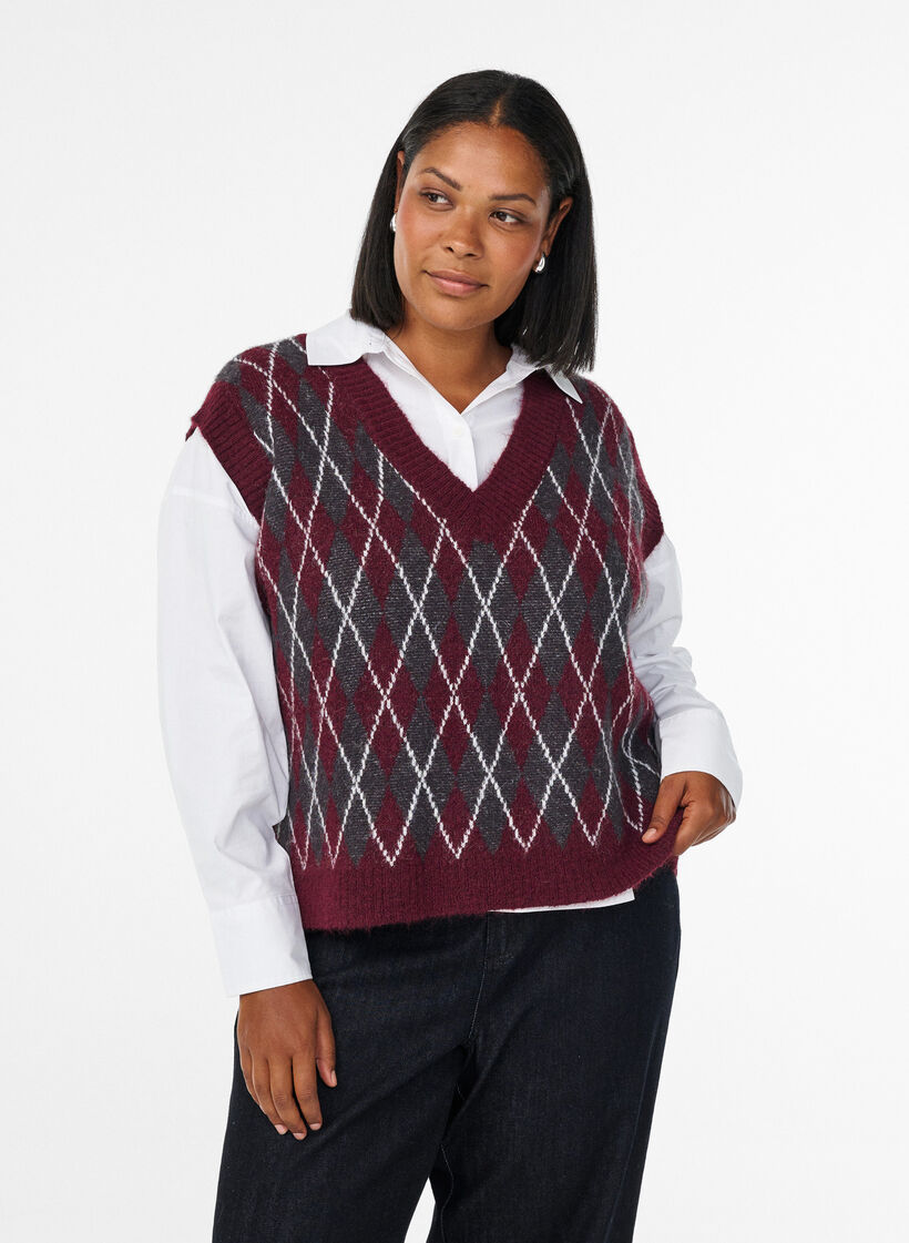 Gilet en maille avec un col en V et un motif argyle, Bordeaux, Model