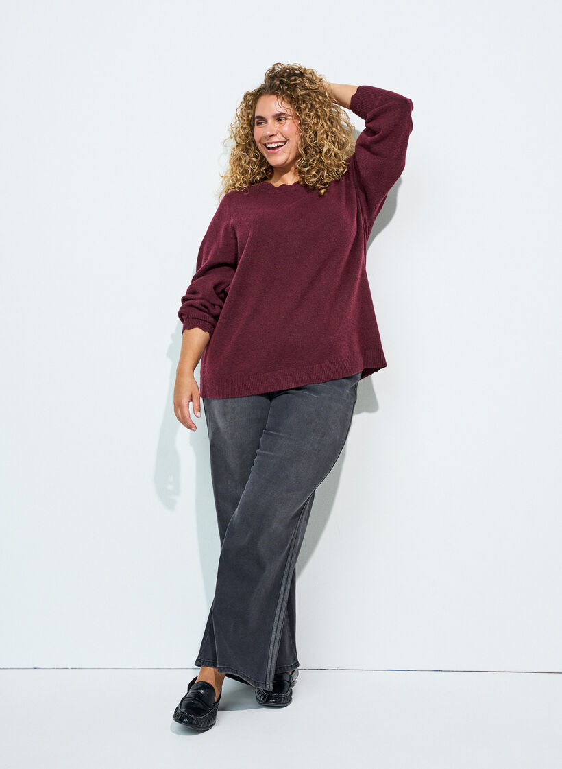 Blouse en maille &agrave; bords ondul&eacute;s, Bordeaux, Model image number 1