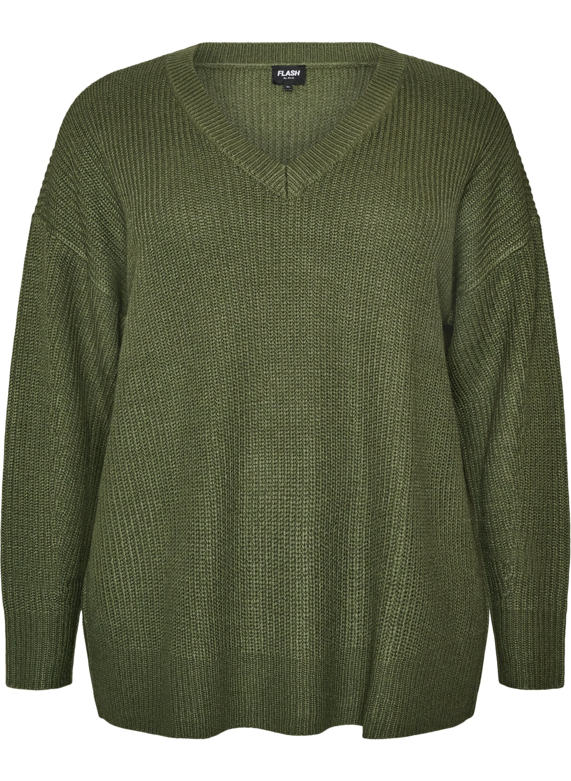 ZizziBlouse longue en maille c&ocirc;tel&eacute;e avec col en V, Vert, Packshot image number 0