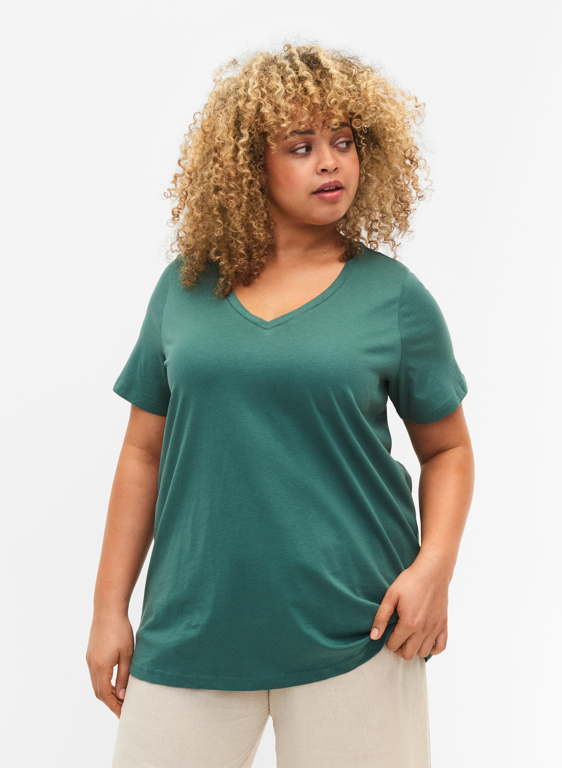 Zizzi T-shirt basiques 2-pack en coton, Mallard Green/Black, Model image number 0