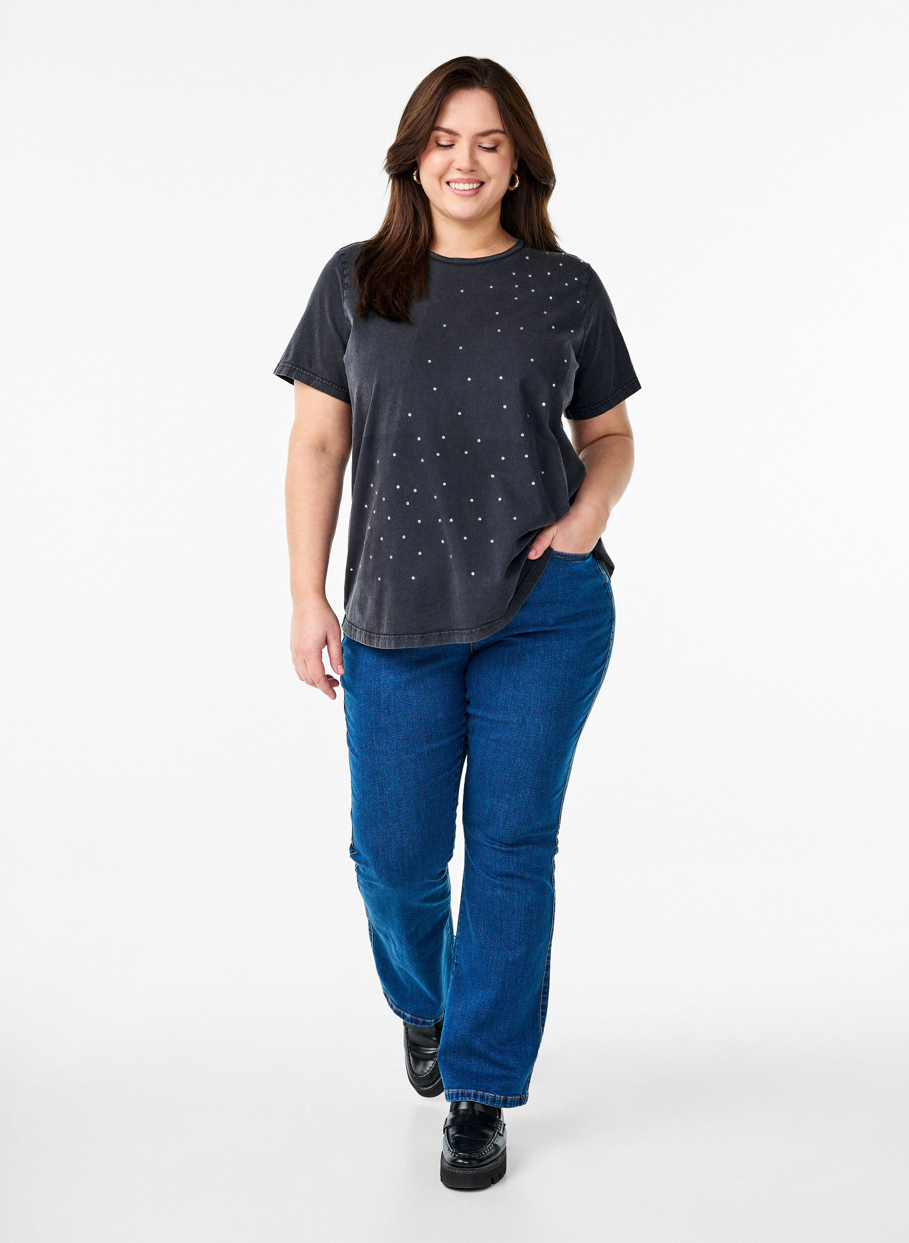 Zizzi T-shirt en coton biologique avec une impression cool, Gris anthracite, Model image number 1