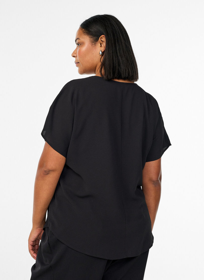 Blouse &agrave; manches courtes et encolure ronde, Noir, Model image number 2