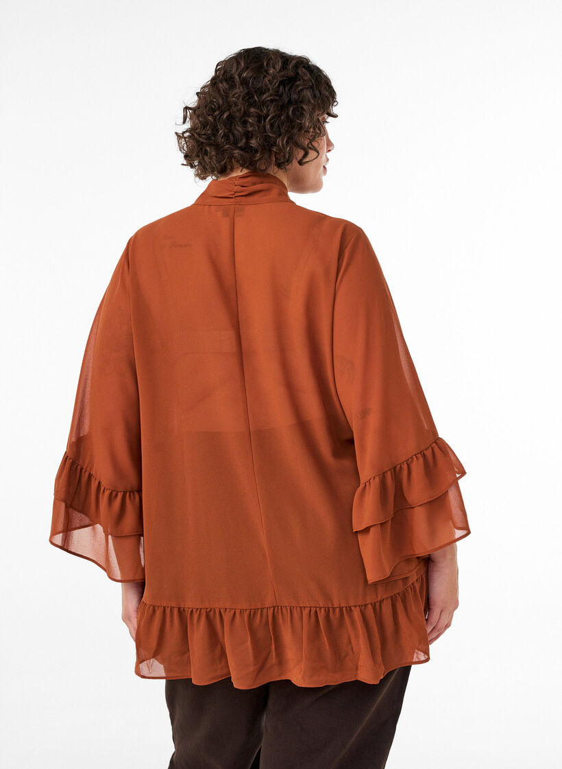 Blouse avec ruban &agrave; nouer et volants, Camel, Model image number 2