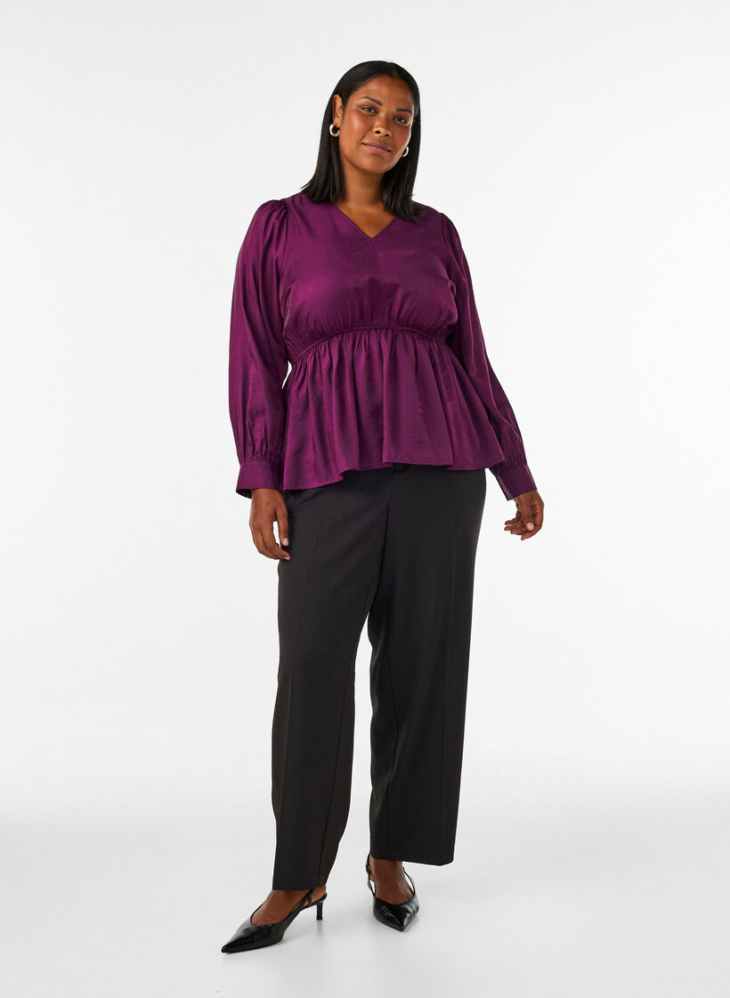 Blouse brillante en viscose &agrave; effet p&eacute;plum, Violet, Model image number 1