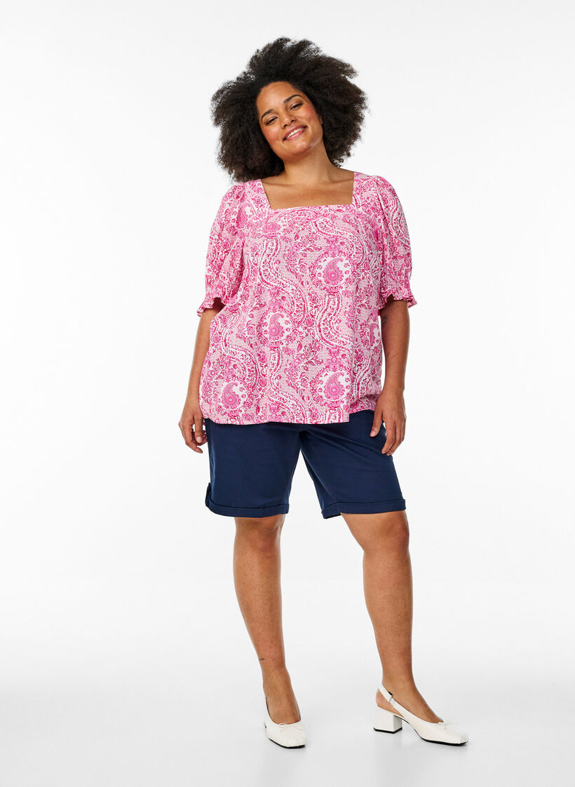 Chemisier en viscose avec imprim&eacute; paisley et encolure carr&eacute;e, Rose, Model image number 1